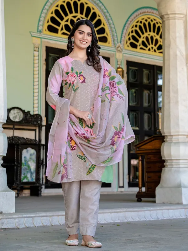 Beige_Floral_Print_Kurta,_Trouser/Pant_&_Dupatta_Set