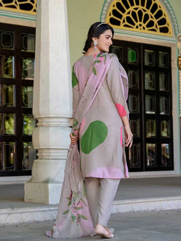 Beige_Floral_Print_Kurta,_Trouser/Pant_&_Dupatta_Set