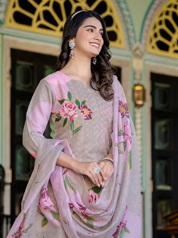 Beige_Floral_Print_Kurta,_Trouser/Pant_&_Dupatta_Set