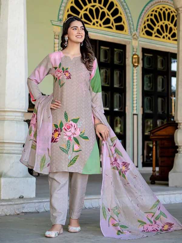 Beige_Floral_Print_Kurta,_Trouser/Pant_&_Dupatta_Set