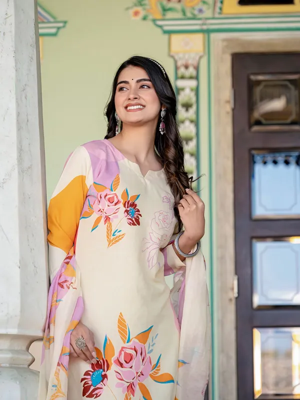 Yellow_&_Cream_Floral_Print_Kurta,_Trouser/Pant_&_Dupatta_Set
