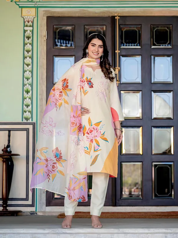 Yellow_&_Cream_Floral_Print_Kurta,_Trouser/Pant_&_Dupatta_Set