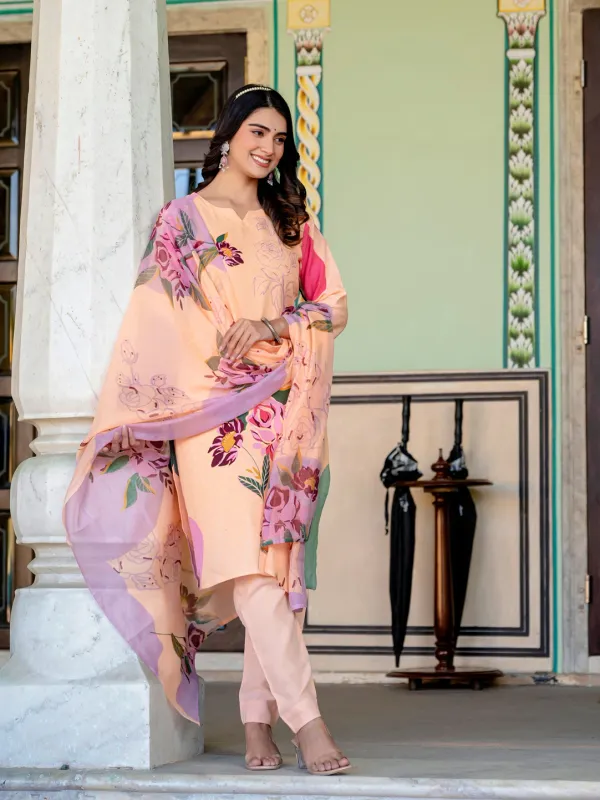 Orange_Floral_Print_Kurta,_Trouser/Pant_&_Dupatta_Set