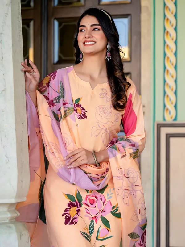 Orange_Floral_Print_Kurta,_Trouser/Pant_&_Dupatta_Set