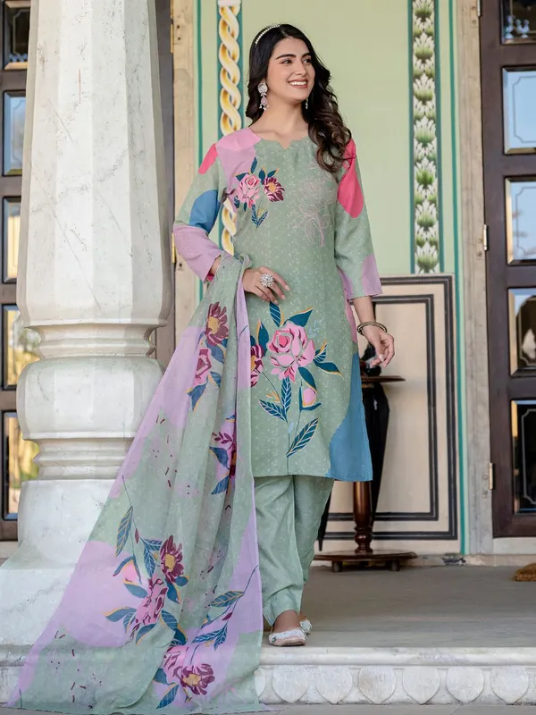 Green_&_Mehendi_Floral_Print_Kurta,_Trouser/Pant_&_Dupatta_Set