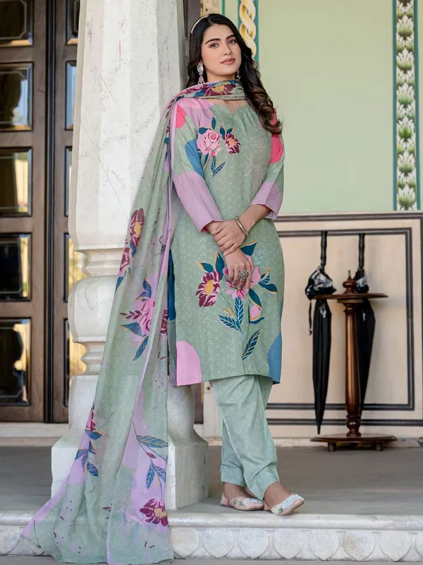 Green_&_Mehendi_Floral_Print_Kurta,_Trouser/Pant_&_Dupatta_Set
