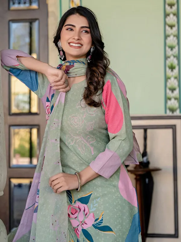 Green_&_Mehendi_Floral_Print_Kurta,_Trouser/Pant_&_Dupatta_Set
