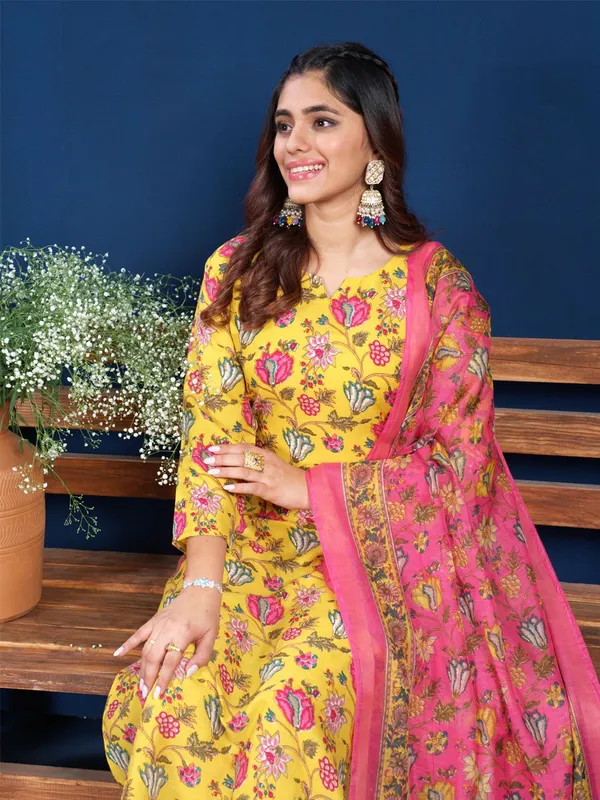 Yellow_Floral_Print_Kurta,_Trouser/Pant_&_Dupatta_Set