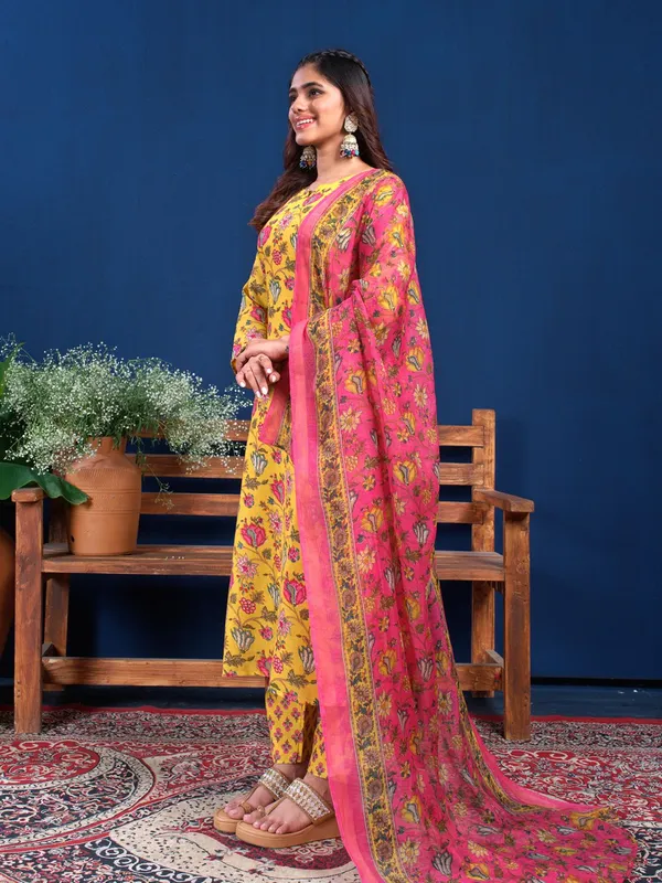 Yellow_Floral_Print_Kurta,_Trouser/Pant_&_Dupatta_Set