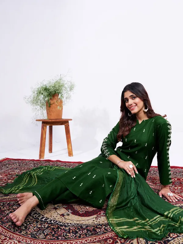 Dark_Green_Embroidered_Kurta,_Trouser/Pant_&_Dupatta_Set