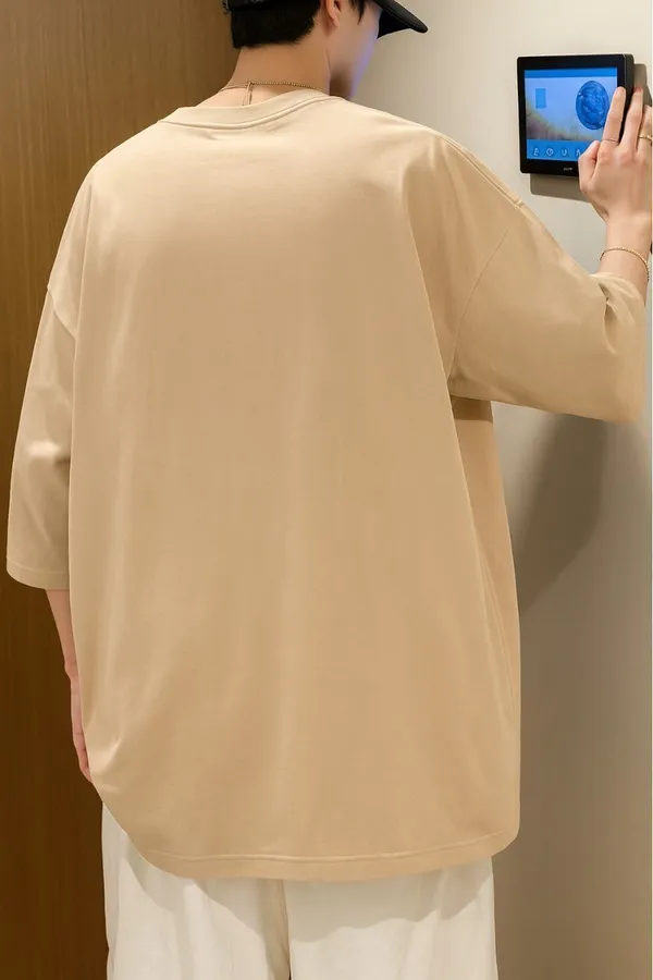 Beige_Cotton_Blend_Solid_Oversized_T-Shirt_For_Men