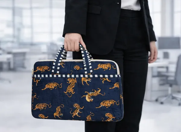 Navy_Blue_Cotton_Quilted_Zipper_Hand-Held_Laptop_Bag_For_Women