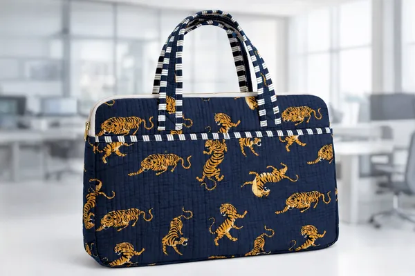 Navy_Blue_Cotton_Quilted_Zipper_Hand-Held_Laptop_Bag_For_Women