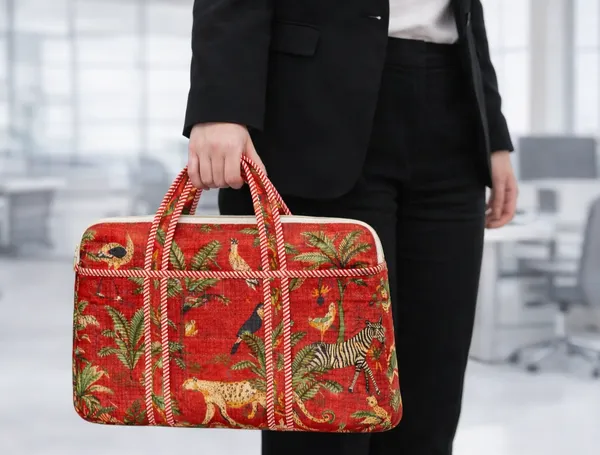 Red_Jungle_Cotton_Quilted_Zipper_Hand-Held_Laptop_Bag_For_Women