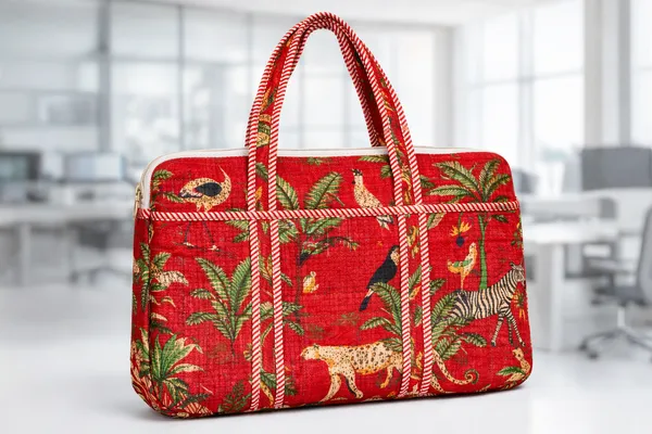 Red_Jungle_Cotton_Quilted_Zipper_Hand-Held_Laptop_Bag_For_Women