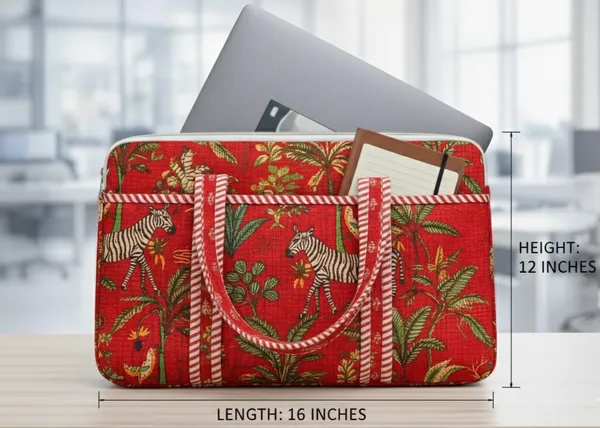 Red_Jungle_Cotton_Quilted_Zipper_Hand-Held_Laptop_Bag_For_Women