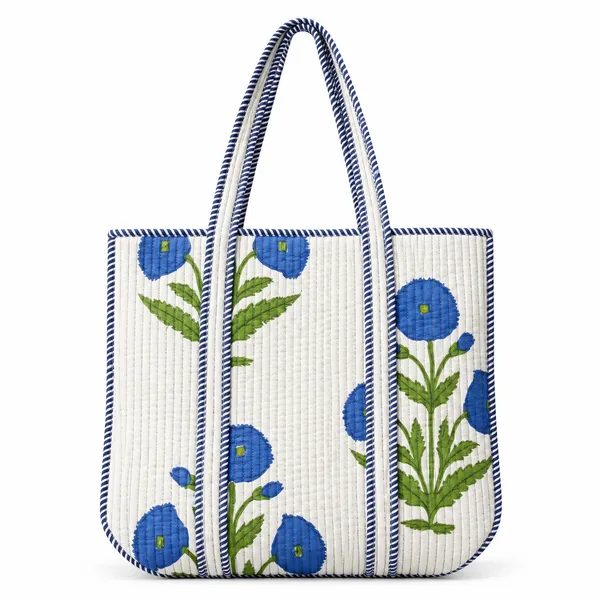 White_blue_flower_Quilted_Cotton_Zipper_Tote_For_Women