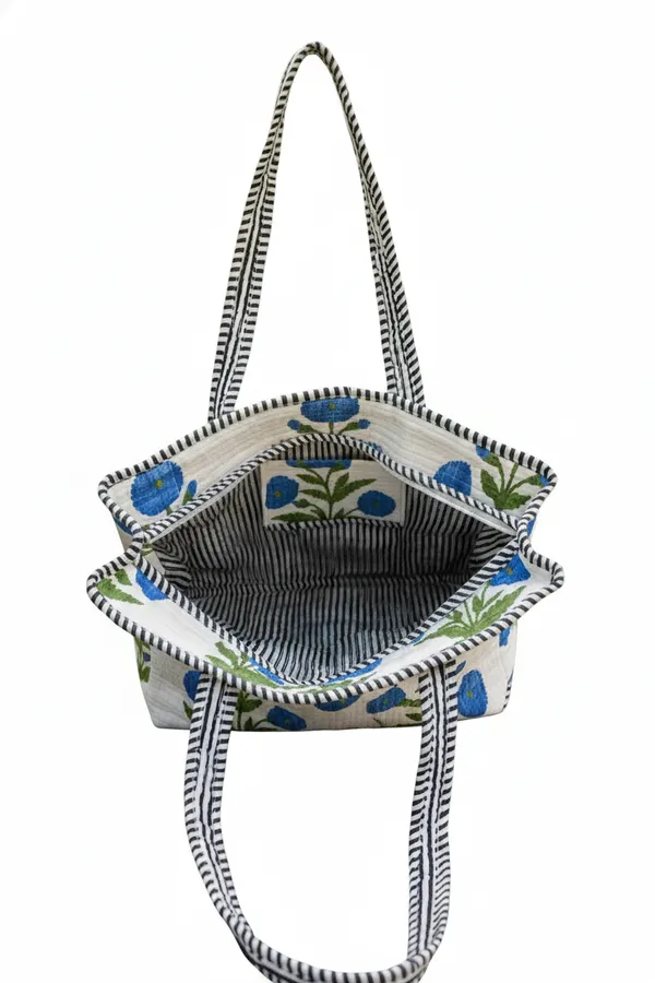 White_blue_flower_Quilted_Cotton_Zipper_Tote_For_Women