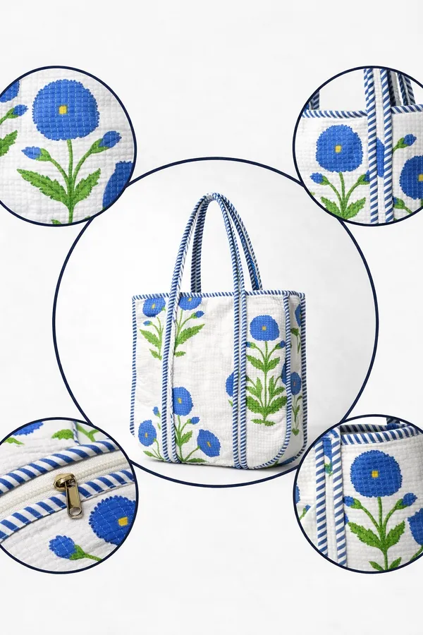 White_blue_flower_Quilted_Cotton_Zipper_Tote_For_Women