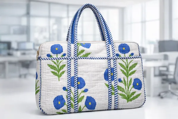White_flower_Quilted_Zipper_Hand-Held_Laptop_Bag_For_Women