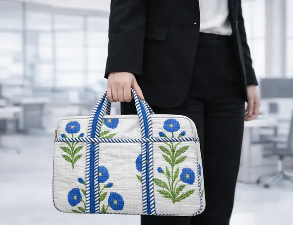 White_flower_Quilted_Zipper_Hand-Held_Laptop_Bag_For_Women