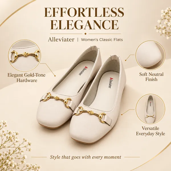 Alleviater_Women’s_Cream_Ballet_Flats_with_Golden_Horsebit_Buckle_–_Elegant_Slip-On_Flats_for_Women