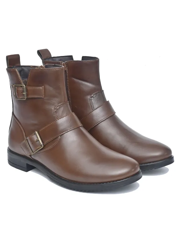 Brown_Genuine_Leather_Buckled_Ankle_Length_Boots_For_Women