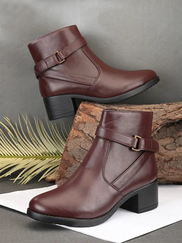 Tan_Genuine_Leather_Buckled_Ankle_Length_Boots_For_Women