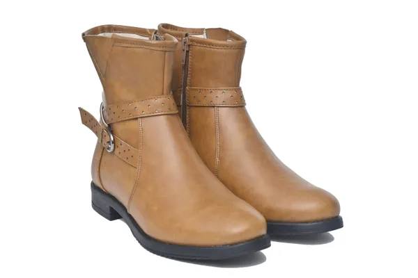 Tan_Synthetic_Leather_Buckled_Ankle_Length_Boots_For_Women