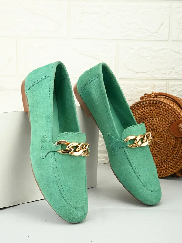 Women?_Mint_Green_Suede_Chain-Detail_Loafers