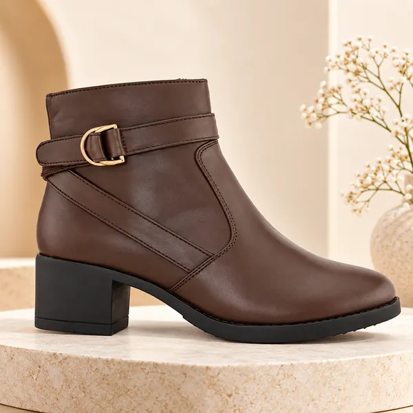 Alleviater_Women’s_Brown_Buckle_Strap_Block_Heel_Ankle_Boots