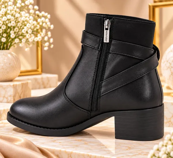Black_Synthetic_Leather_Buckled_Ankle_Length_Boots_For_Women