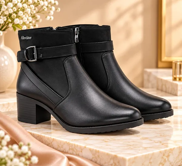Black_Synthetic_Leather_Buckled_Ankle_Length_Boots_For_Women