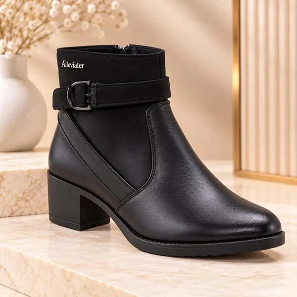 Black_Synthetic_Leather_Buckled_Ankle_Length_Boots_For_Women