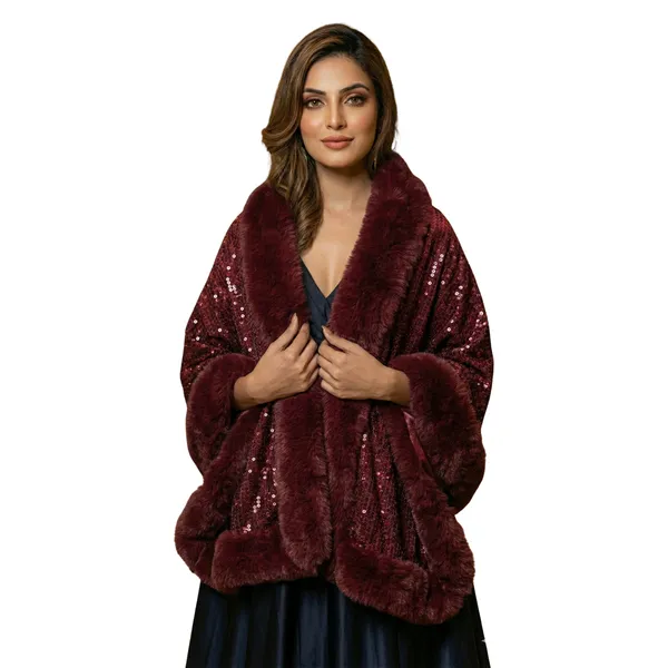 Women's_Luxury_Maroon_Sequin_&_Faux_Fur_Stole_|_Festive_Party_Wear_Poncho_Cape_|_Winter_Glamour_Wrap