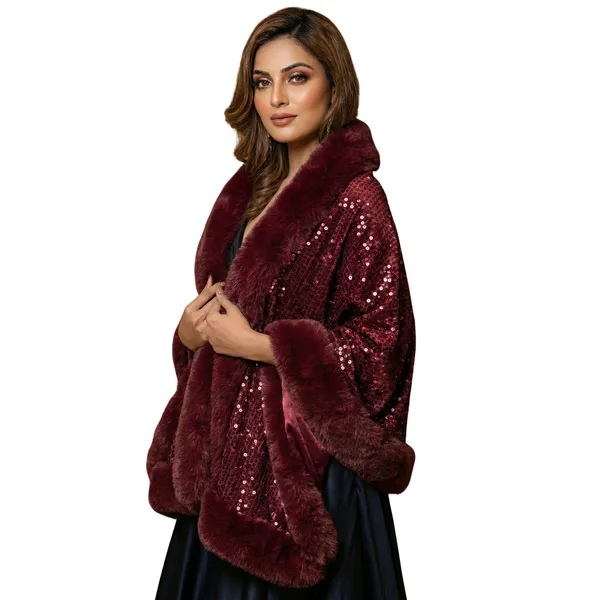 Women's_Luxury_Maroon_Sequin_&_Faux_Fur_Stole_|_Festive_Party_Wear_Poncho_Cape_|_Winter_Glamour_Wrap