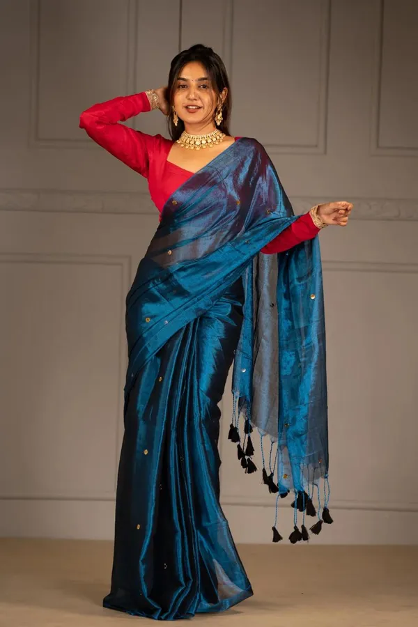Dark_Blue_Tissue_Saree_With_Blouse_Piece_For_Women