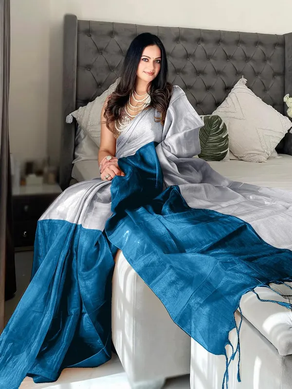 Dark_Blue&_Grey_Tissue_Saree_With_Blouse_Piece_For_Women