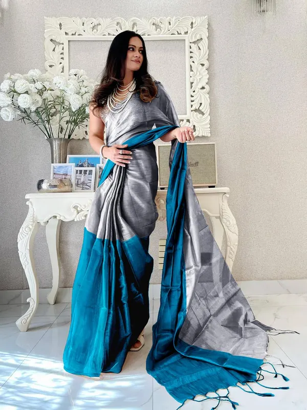 Dark_Blue&_Grey_Tissue_Saree_With_Blouse_Piece_For_Women