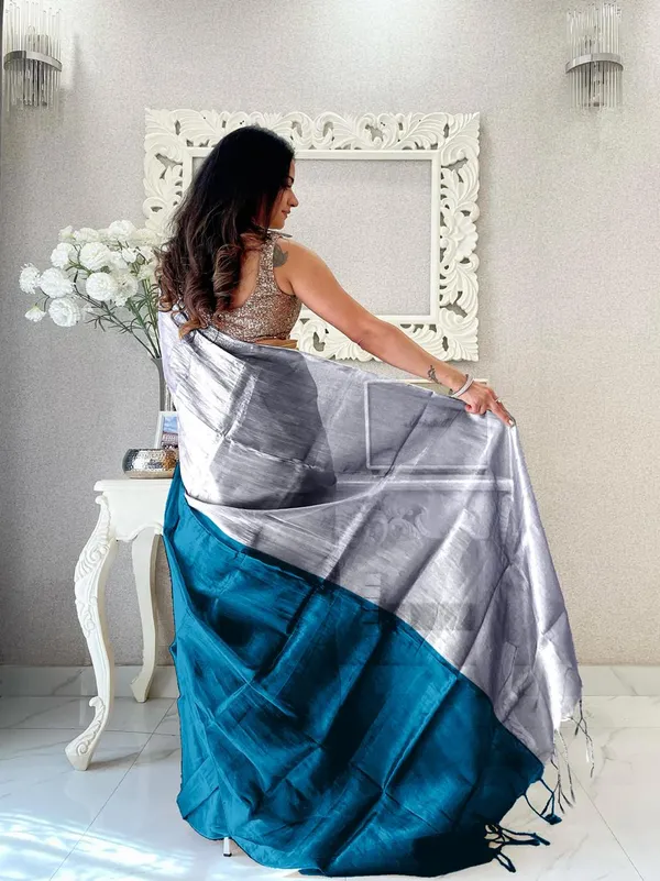 Dark_Blue&_Grey_Tissue_Saree_With_Blouse_Piece_For_Women