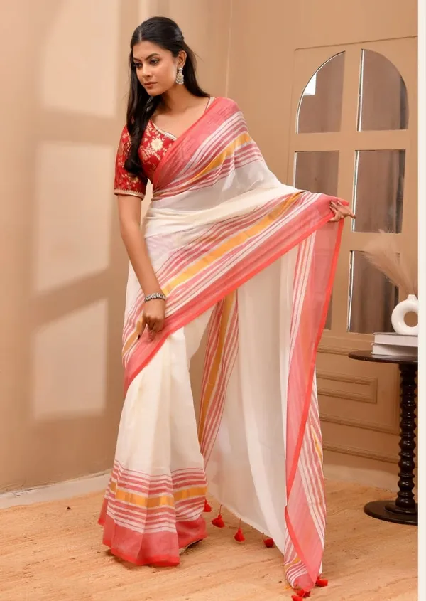 White_Mul_Cotton_Saree_With_Blouse_Piece_For_Women