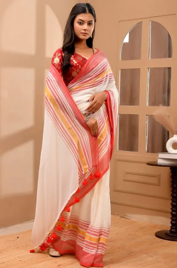 White_Mul_Cotton_Saree_With_Blouse_Piece_For_Women