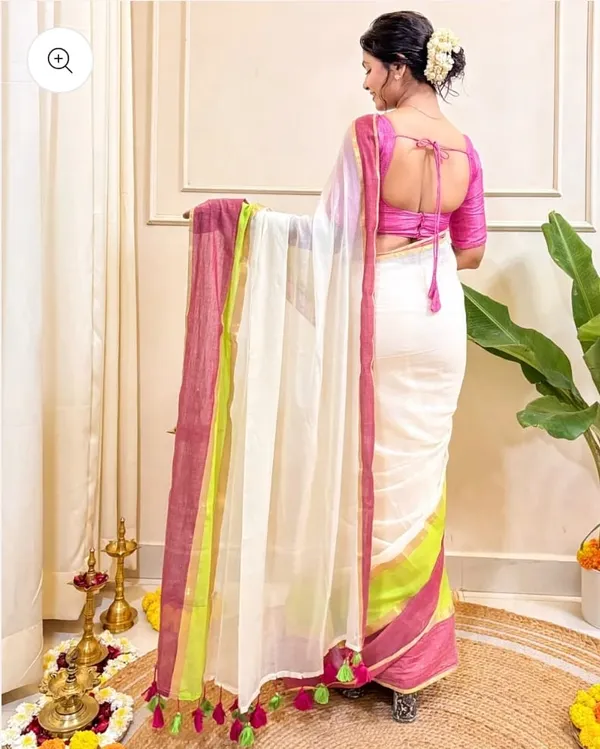 White_Mul_Cotton_Saree_With_Blouse_Piece_For_Women