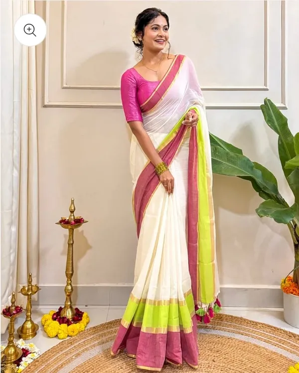 White_Mul_Cotton_Saree_With_Blouse_Piece_For_Women