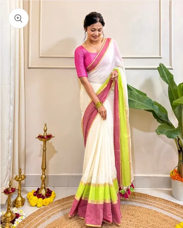 White_Mul_Cotton_Saree_With_Blouse_Piece_For_Women