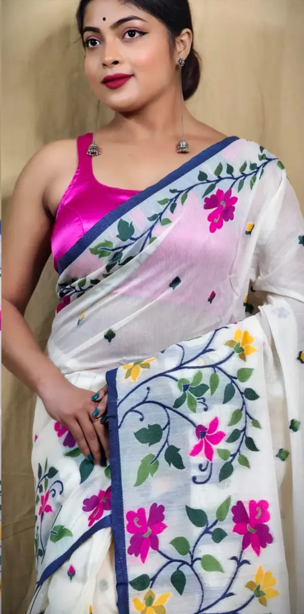 White_Cottton_Sil_Saree_With_Blouse_Piece_For_Women