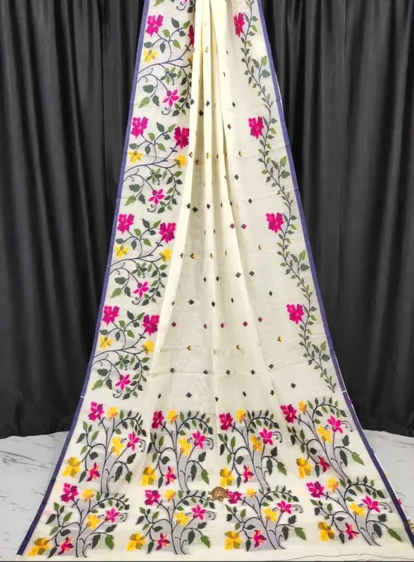 White_Cottton_Sil_Saree_With_Blouse_Piece_For_Women