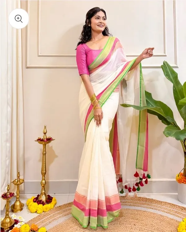 White_Mul_Cotton_Saree_With_Blouse_Piece_For_Women