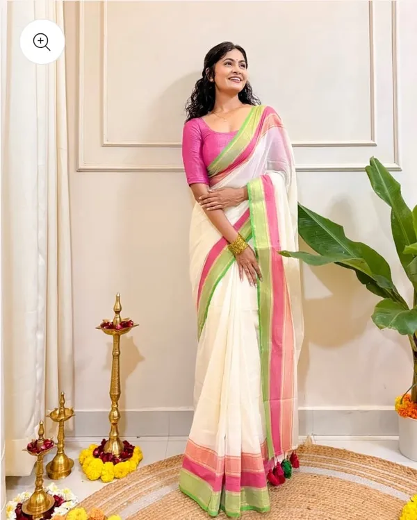 White_Mul_Cotton_Saree_With_Blouse_Piece_For_Women