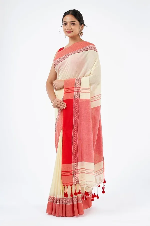 White_Cotton_Kahdi_Saree_With_Blouse_Piece_For_Women